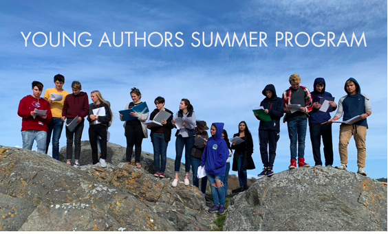 Young Authors Summer Program announcement overlaying a group of young writers standing in a line in nature on lichen covered boulders