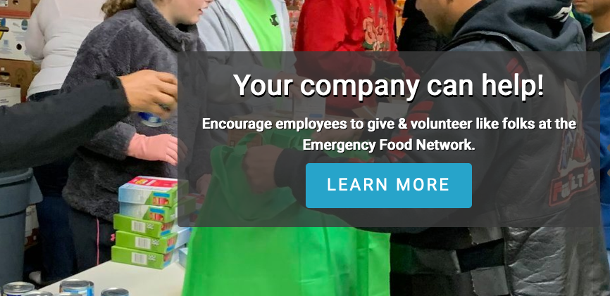 Your company can help announcement overlaying image of people creating bags with donated goods