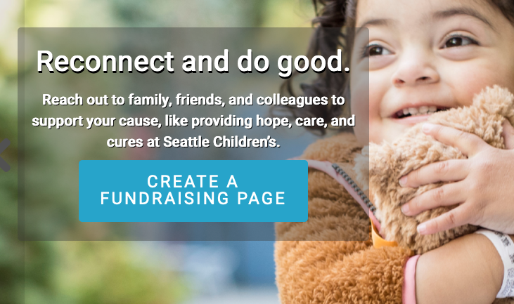Reconnect and do good - create a fundraising page announcement ovelaying a photo of a girl hugging a teddy bear