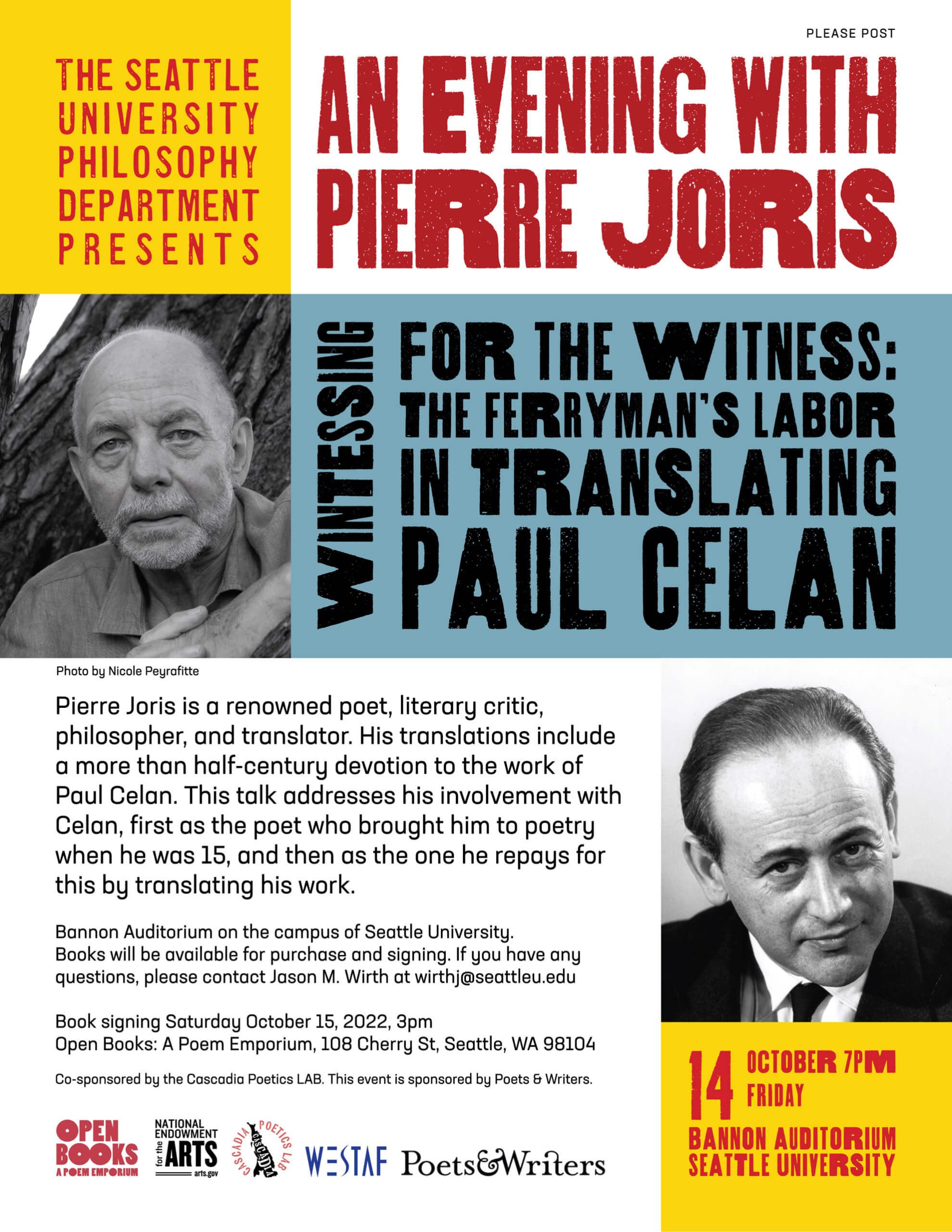 Poster for An Evening With Pierre Joris Witnessting for the Witness the Ferrymans Labor in Translating Paul Celan