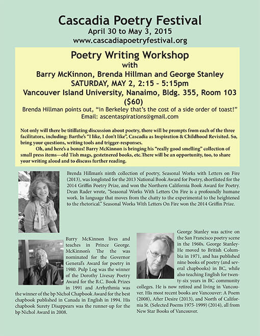 Cascadia Poetry Festival 2015 Workshop flyer Poetry Writing Workshop, Barry McKinnon, Brenda Hillman, and George Stanley