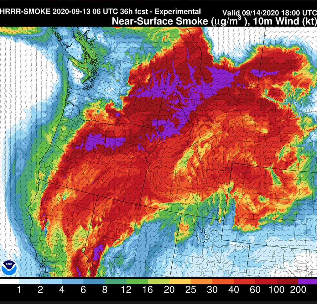 Smoke Spreading Eastward Over US_satellite image 9_14_20 from NOAA