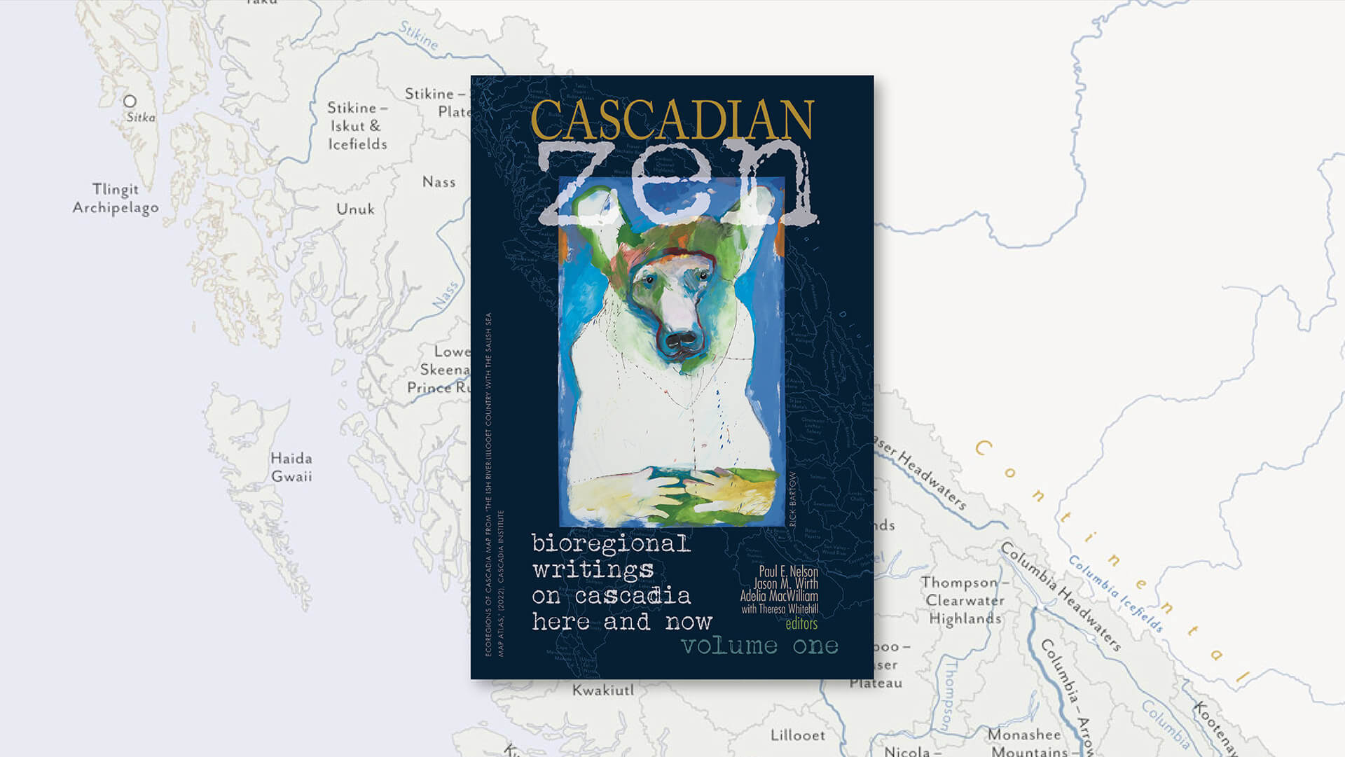 Cascadian Zen Banner, Background: EcoRegions of Cascadia, Copyright © 2022 David McCloskey, Cascadia Institute; available from Feathered Star Productions. 